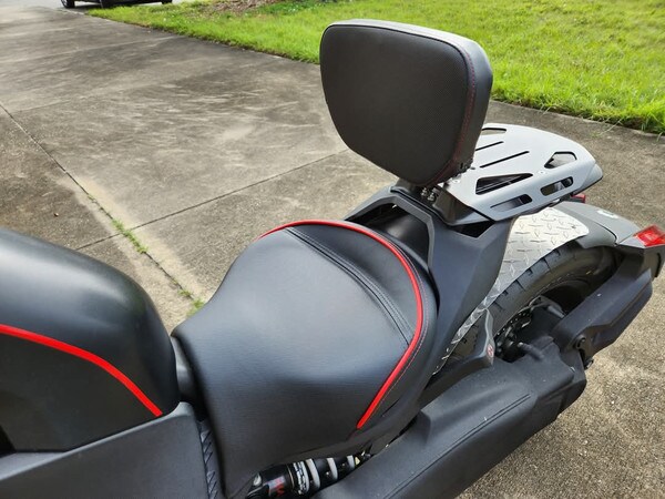 Sargent's Universal EM-5 Backrest on Sargent's Rear Rack on the Can-Am Ryker Motorcycle.